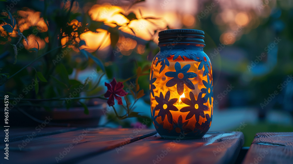 A detailed image of a painted mason jar lantern with intricate cut-out patterns, glowing softly with a tealight candle inside. The jar is placed on a garden table at dusk. A detailed image of a painted mason jar lantern with intricate cut-out patterns, glowing softly with a tealight candle inside. The jar is placed on a garden table at dusk.