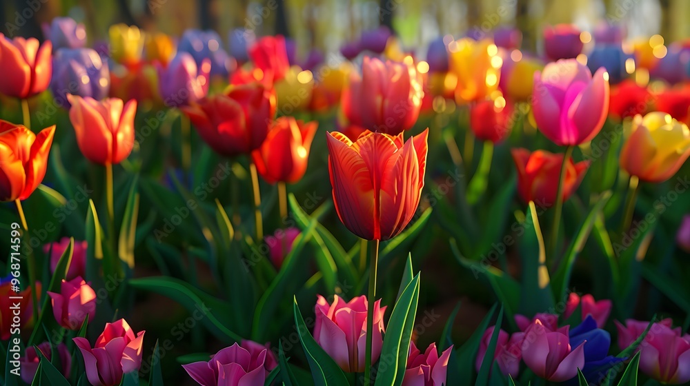 a vibrant garden of tulips, with rows of colorful tulips in different stages of bloom, each flower rendered with realistic shading and highlights a vibrant garden of tulips, with rows of colorful tulips in different stages of bloom, each flower rendered with realistic shading and highlights