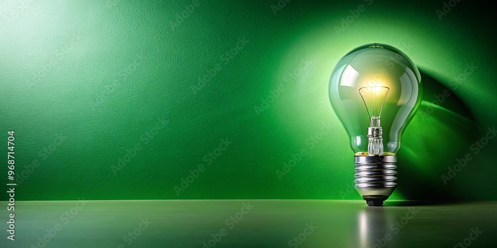 A bright light bulb on green surface with shadow, green wall in background and light green backdrop A bright light bulb on green surface with shadow, green wall in background and light green backdrop