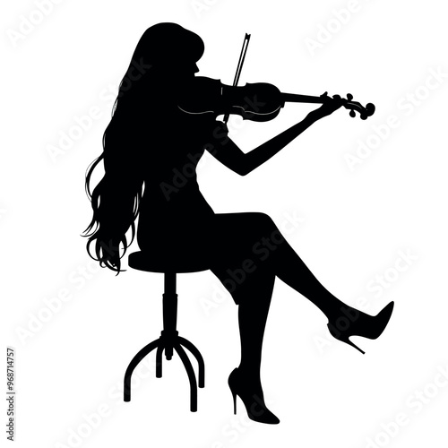 a black silhouette of a woman playing the violin. She is sitting on a stool and is holding the bow with both hands