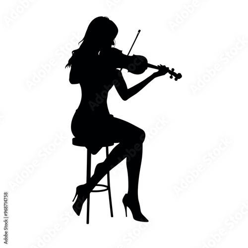 a black silhouette of a woman playing the violin. She is sitting on a stool and is holding the bow with both hands