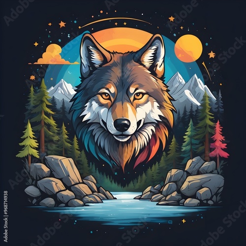 Vector illustration of a wolf on a background of mountains and the moon