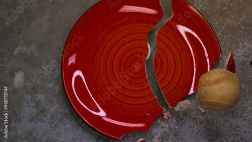 Ceramic red plate with a spiral pattern being crushed to pieces by a baseball hitting it in slow motion on a concrete fool. The plate has white reflections and shatters to multiple pieces. photo