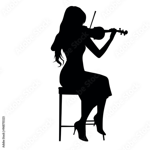 a black silhouette of a woman playing the violin. She is sitting on a stool and is holding the bow with both hands