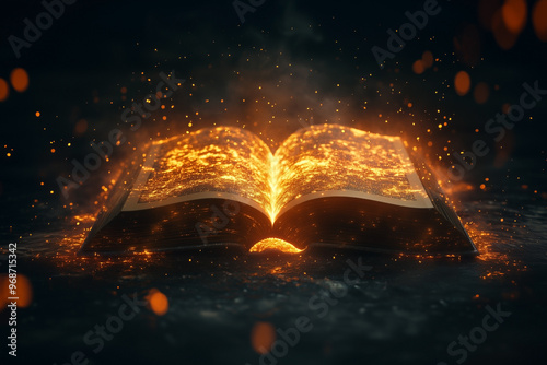 Mystical glowing with golden light rise from an open book in a dark room. Bewitched book with magic glows In the darkness set on a wooden table, Witch book, magic book, old history