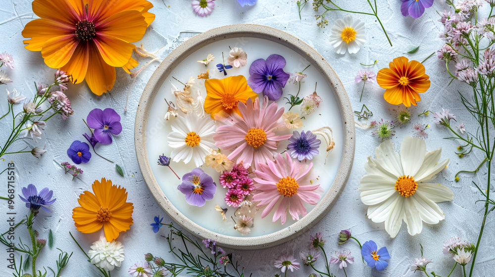 A flat lay of a completed pressed flower resin coaster, with delicate flowers encased in clear resin, surrounded by extra flowers, resin, and a mold, all placed on a smooth, reflective surface. A flat lay of a completed pressed flower resin coaster, with delicate flowers encased in clear resin, surrounded by extra flowers, resin, and a mold, all placed on a smooth, reflective surface.