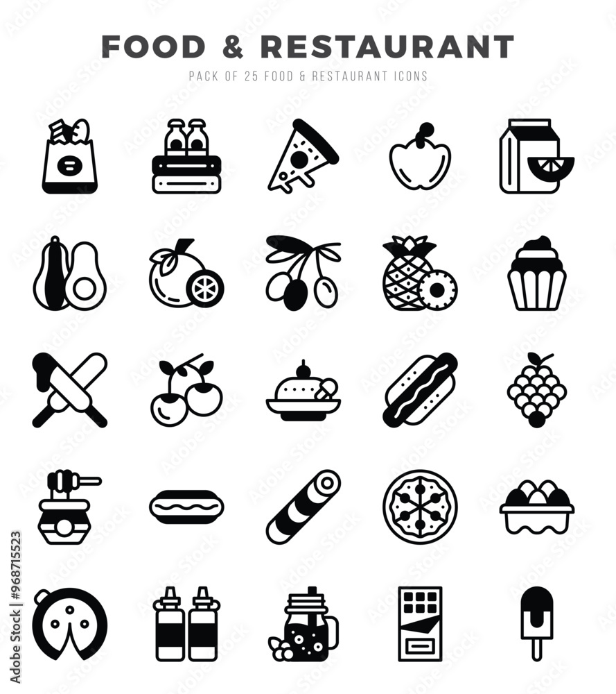 Fototapeta premium Vector Food and Restaurant types icon set in Lineal Filled style. vector illustration.