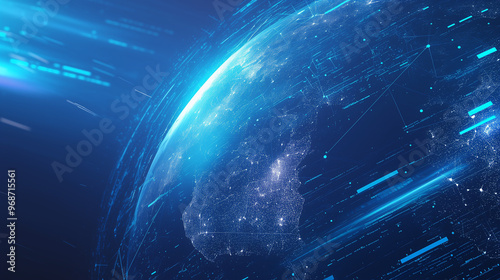 Abstract digital planet Earth representing global connectivity with glowing dots and lines, featuring blue frosted glass and white acrylic materials, emphasizing technological transparency and high de