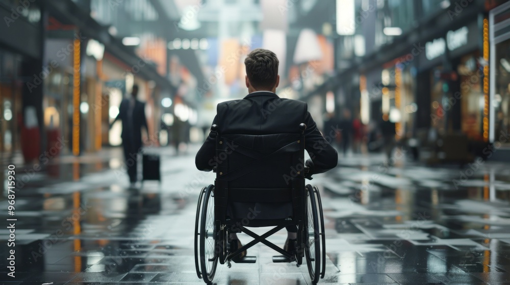 A man in a wheelchair is sitting in the middle of a busy city street