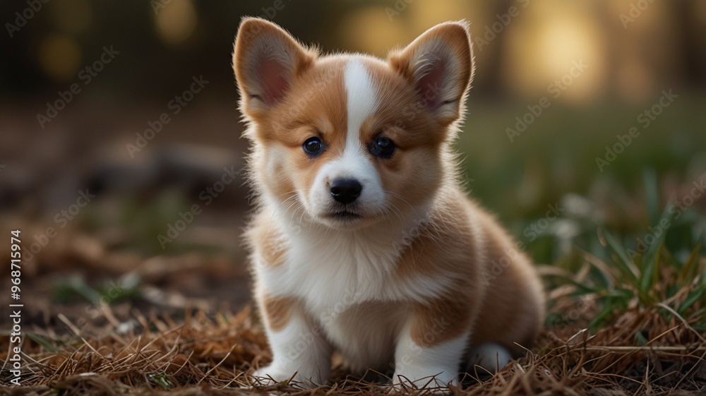 A small brown and white corgi puppy is sitting on the ground.