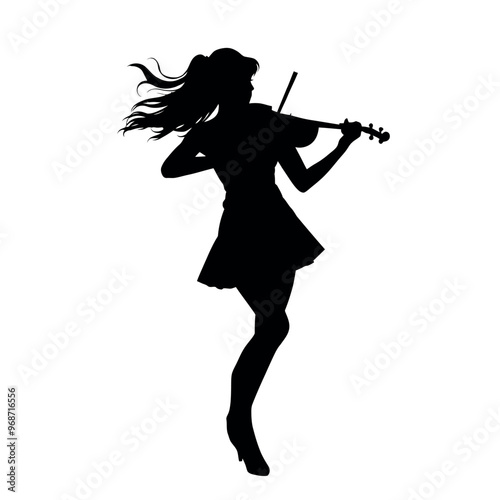 a black silhouette of a woman playing the violin. She is sitting on a stool and is holding the bow with both hands