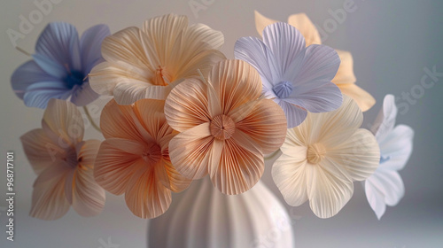 A high-resolution shot of a set of handmade paper flowers in different colors, each with intricately folded petals and delicate details, arranged in a minimalist white vase. photo