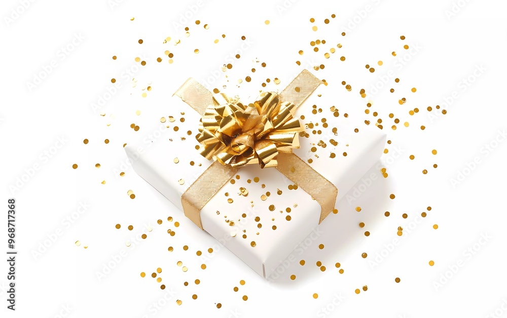 white gift box with gold ribbon and gold confetti sequins on white background. white gift box with gold ribbon and gold confetti sequins on white background.