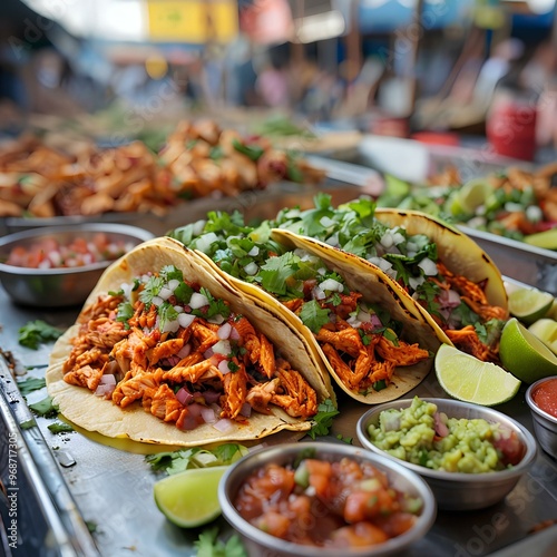 fresh chicken taco. Warm and muted colors, topped with cilantro, diced onions, and a squeeze of lime. photo