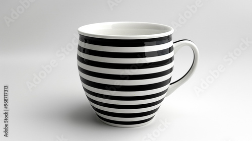 A monochrome black and white striped hand-painted mug, isolated on a stark white background.