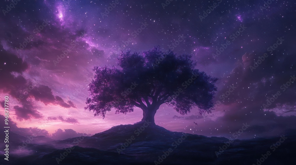 A majestic tree standing tall under a night sky filled with stars. A majestic tree standing tall under a night sky filled with stars.