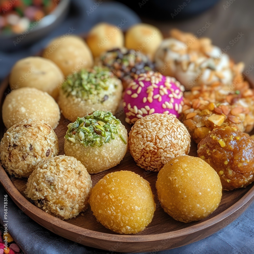 A vibrant assortment of traditional sweets displayed on a wooden platter, showcasing diverse flavors and textures. A vibrant assortment of traditional sweets displayed on a wooden platter, showcasing diverse flavors and textures.