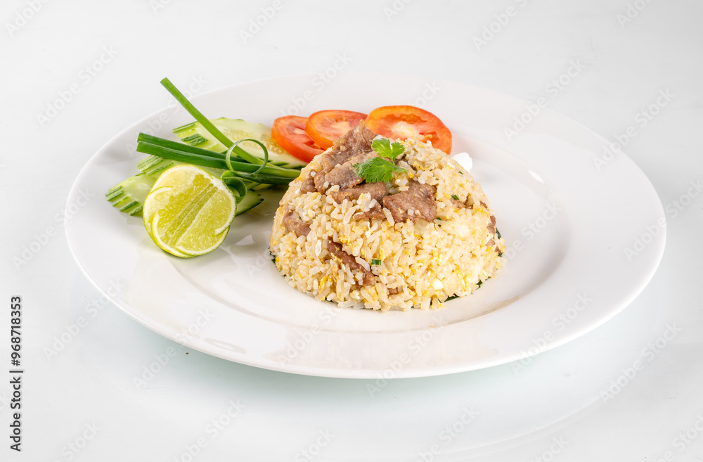 Delicious fried rice served with fresh vegetables and lime on a white plate. Delicious fried rice served with fresh vegetables and lime on a white plate.
