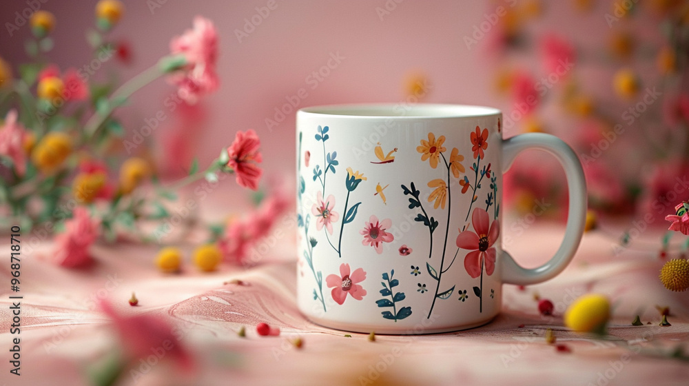 A white coffee mug with pastel floral hand-painted designs, isolated on a soft pink background. A white coffee mug with pastel floral hand-painted designs, isolated on a soft pink background.