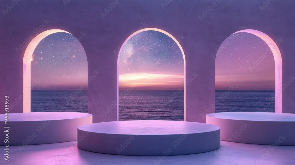 3D white cylindrical podium with Surreal architecture with arched window,curtain,pool,interior design of empty space,exhibition gallerydisplayProduct presentation realistic podium or platform. 3D white cylindrical podium with Surreal architecture with arched window,curtain,pool,interior design of empty space,exhibition gallerydisplayProduct presentation realistic podium or platform.
