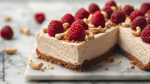 A close-up of a creamy cashew-based vegan cheesecake, garnished with a handful of crushed cashews and fresh raspberries, set against a white marble background.