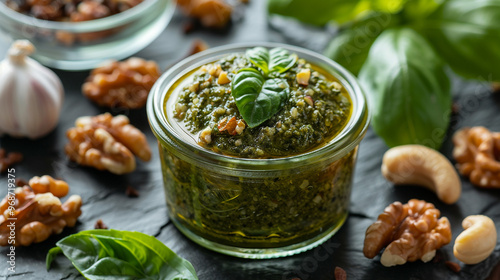 A close-up of a rich walnut pesto, captured in a small glass jar, surrounded by fresh basil leaves, garlic cloves, and whole walnuts, set against a dark slate surface.