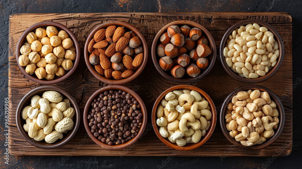 A flat lay of assorted nuts, including Brazil nuts, macadamias, and hazelnuts, arranged in small ceramic bowls, each placed neatly on a dark wooden board.