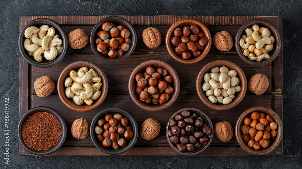 A flat lay of assorted nuts, including Brazil nuts, macadamias, and hazelnuts, arranged in small ceramic bowls, each placed neatly on a dark wooden board. A flat lay of assorted nuts, including Brazil nuts, macadamias, and hazelnuts, arranged in small ceramic bowls, each placed neatly on a dark wooden board.