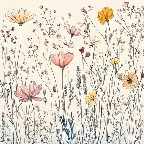 2D illustrator doodle-style floral and leaf graphics on a white background or wallpaper