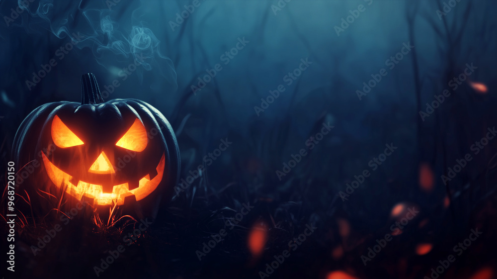 Halloween illuminated carved pumpkin, evil scary face in darkness, candle lit at night, background with copy space Halloween illuminated carved pumpkin, evil scary face in darkness, candle lit at night, background with copy space