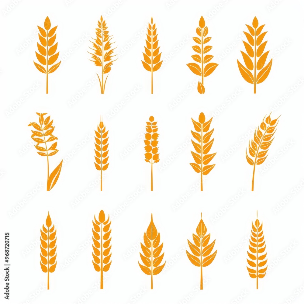 Obraz premium Wheat icon, rye ears sign, barley emblem, oats, cereals symbol, wheat ear, seeds, corns set