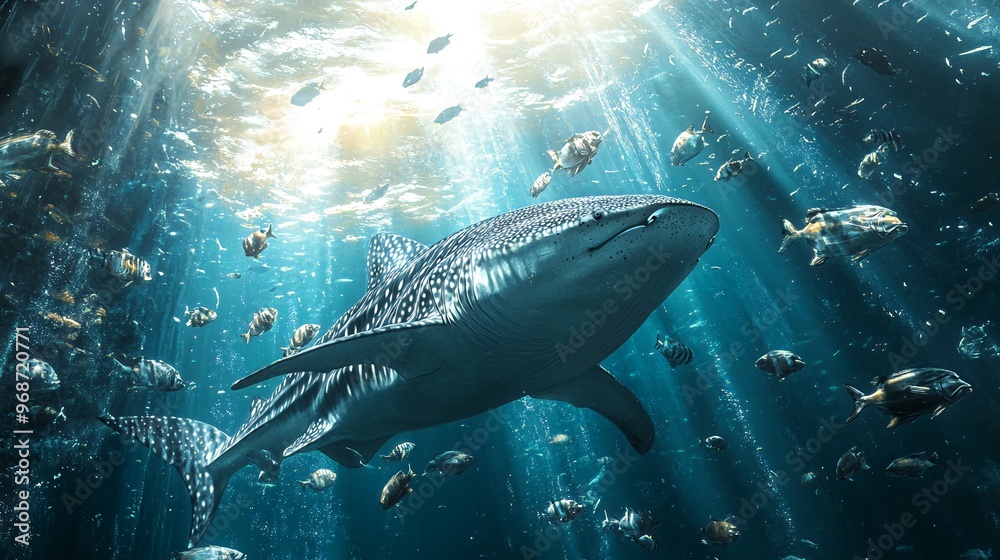 A large whale shark swims through a school of fish in a sunlit ocean.