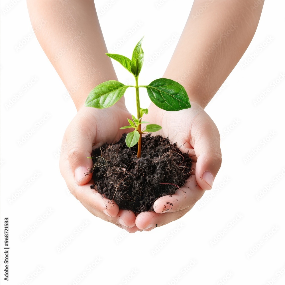 Plant in hands isolated, young sprout, new plant growing in soil, organic farming, environment care, earth day Plant in hands isolated, young sprout, new plant growing in soil, organic farming, environment care, earth day