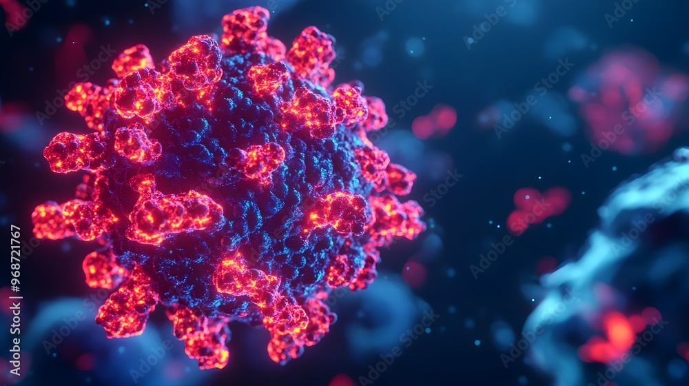 Red & Blue Virus Close-Up - 3D Rendering, Medical, Science Red & Blue Virus Close-Up - 3D Rendering, Medical, Science