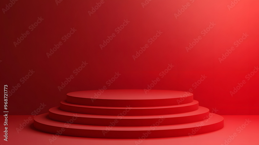 Obraz premium Red velvet curtain drapes on a white stage backdrop with a spotlight illuminating a red carpet podium for a glamorous theatre performance