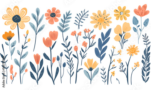 2D illustrator doodle-style floral and leaf graphics on a white background or wallpaper