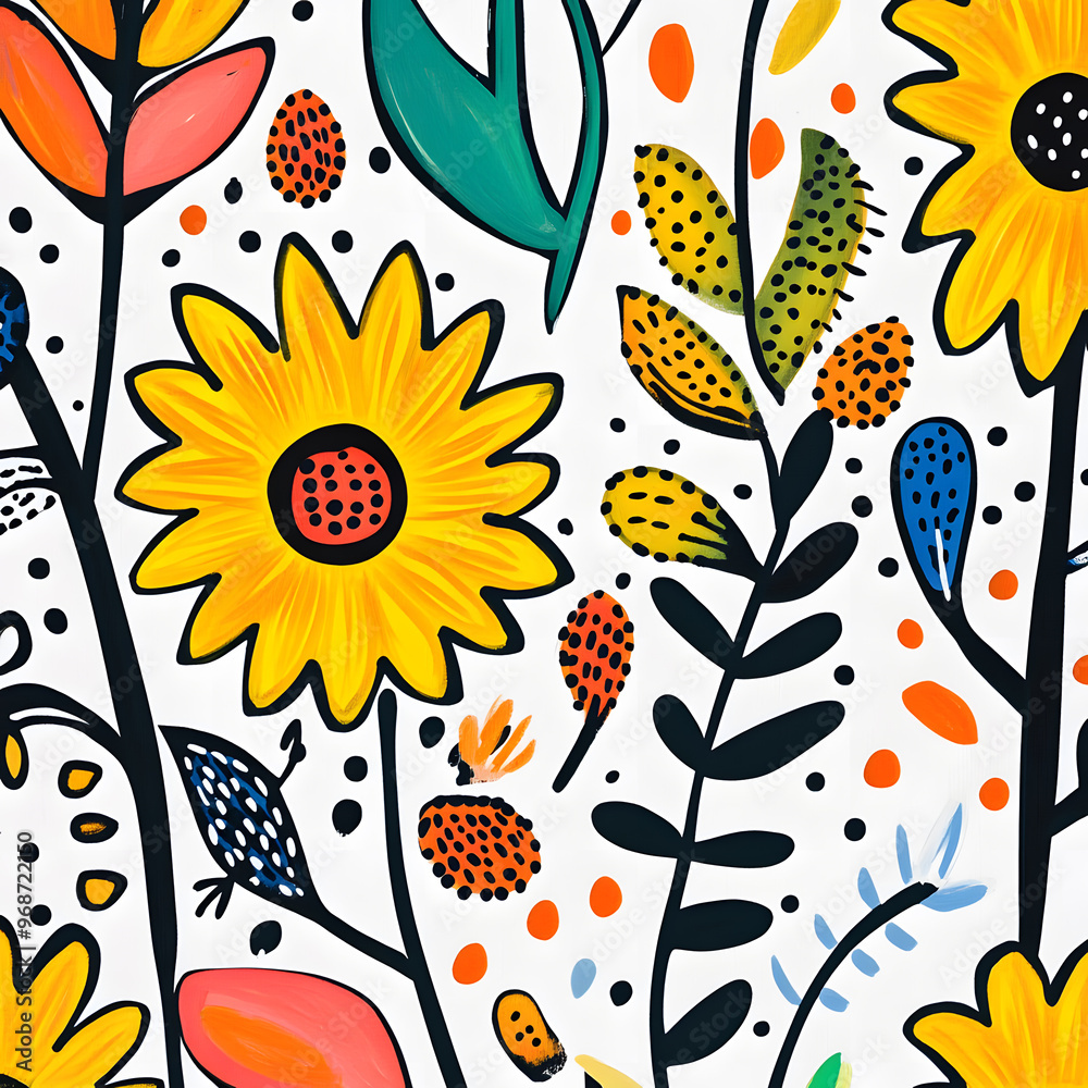 2D illustrator doodle-style floral and leaf graphics on a white background or wallpaper 2D illustrator doodle-style floral and leaf graphics on a white background or wallpaper
