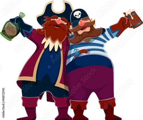 Two cartoon old pirates or corsairs, drunk characters with rum bottles, vector personages. Pirate sailors hugging drunk or boatswain corsair and filibuster men in tricorne hat with eyepatch and skull