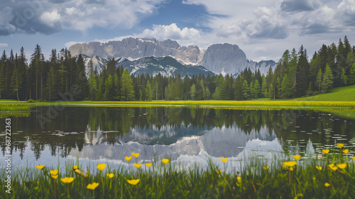 Serene Landscape with a Tranquil Lake Reflecting Tall Mountains, Surrounded by Pine Forest and Vibrant Yellow Flowers in Ultra-Detailed 8K photo