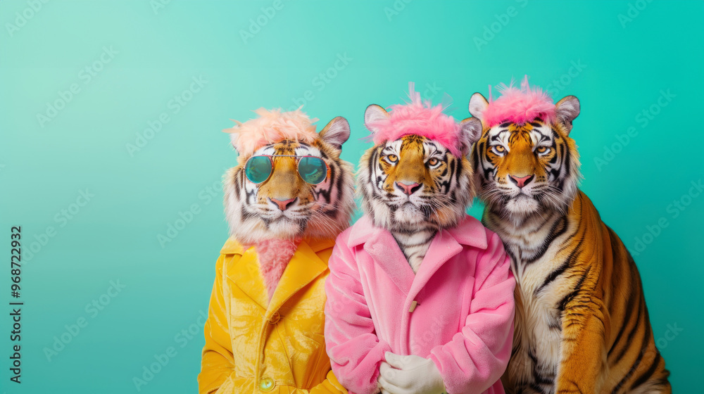 Colorful Tigers in Fun Outfits, A vibrant birthday party invitation featuring a group of tigers dressed in mismatched outfits against a bright backdrop, perfect for celebrations Colorful Tigers in Fun Outfits, A vibrant birthday party invitation featuring a group of tigers dressed in mismatched outfits against a bright backdrop, perfect for celebrations