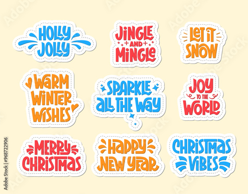 Christmas Festive Phrases Sticker Collection. Vector Hand Lettering of Xmas Quotes Set. New Year Typography Design Elements.