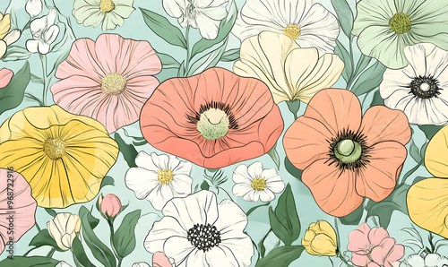 2D illustrator doodle-style floral and leaf graphics on a white background or wallpaper