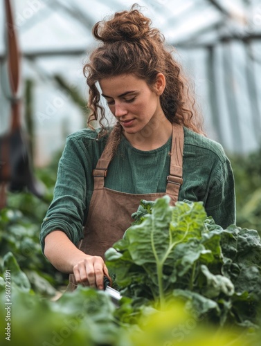 Woman farmer in greenhouse tending to fresh produce; biodynamic and organic agriculture; eco-friendly sustainable farming practices. photo