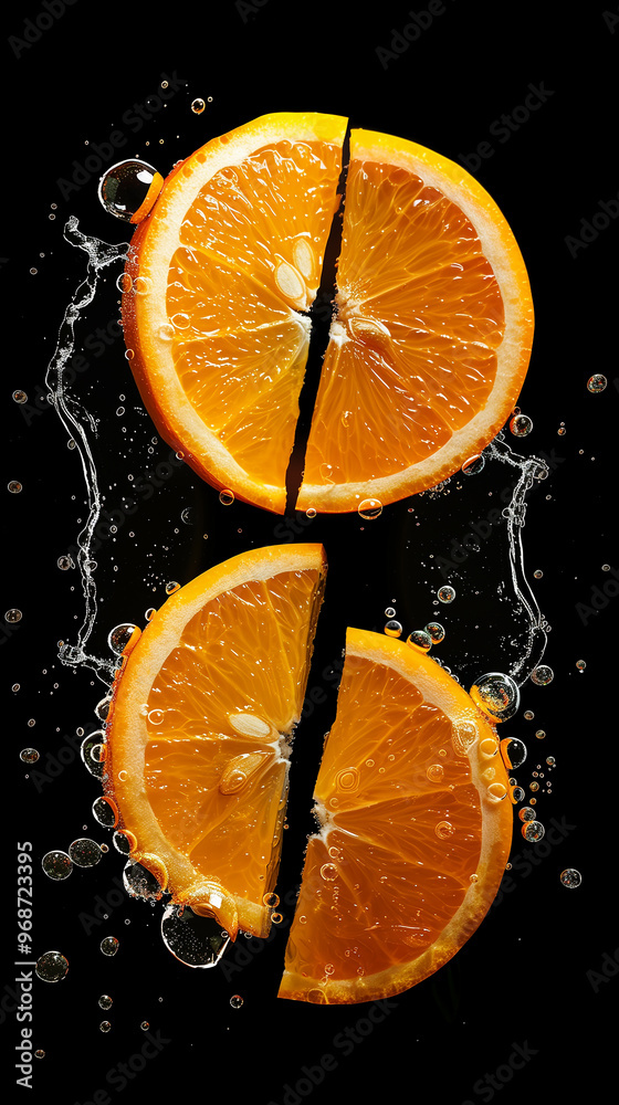 Cut-open Oranges on the black background, surrounded by water drops and splashes. Generative AI. Cut-open Oranges on the black background, surrounded by water drops and splashes. Generative AI.