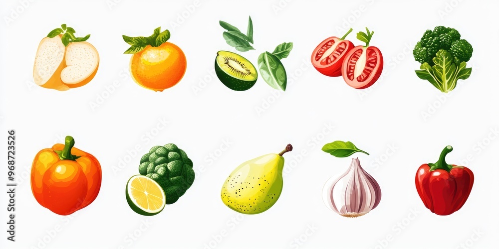 A variety of fresh fruits and vegetables in a clean, white background. Ideal for health-related content or recipes. A variety of fresh fruits and vegetables in a clean, white background. Ideal for health-related content or recipes.