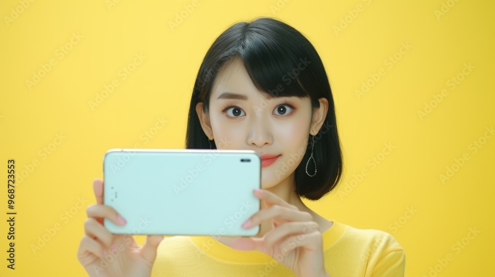 Caucasian woman holding light green smartphone and smiling at camera Caucasian woman holding light green smartphone and smiling at camera