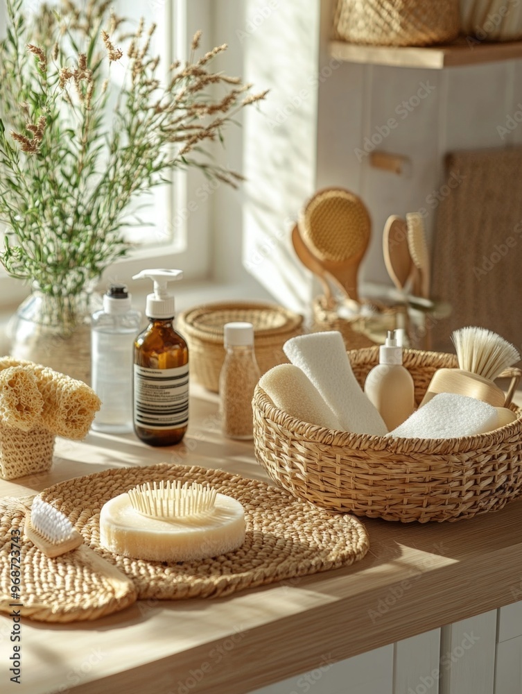 A variety of handmade soap and skincare items, including bamboo bowls and natural products, arranged on a wooden counter against a window in a cozy setting. A variety of handmade soap and skincare items, including bamboo bowls and natural products, arranged on a wooden counter against a window in a cozy setting.