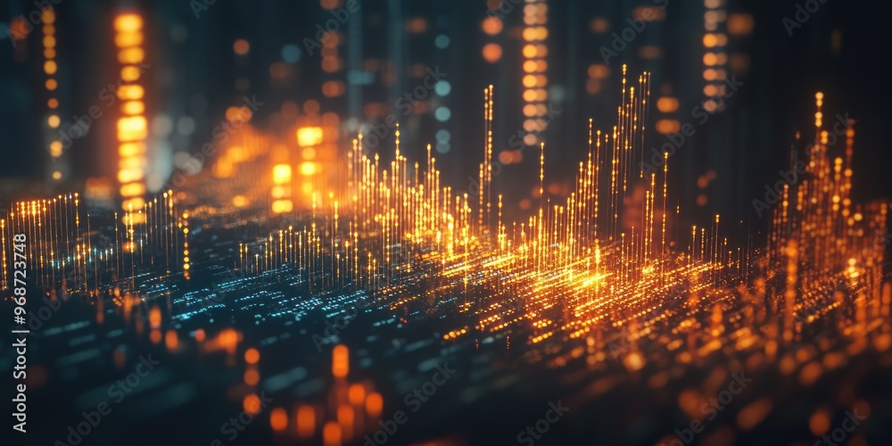 High-tech image of digital data analysis with a blurred futuristic cyberpunk city background. High-tech image of digital data analysis with a blurred futuristic cyberpunk city background.