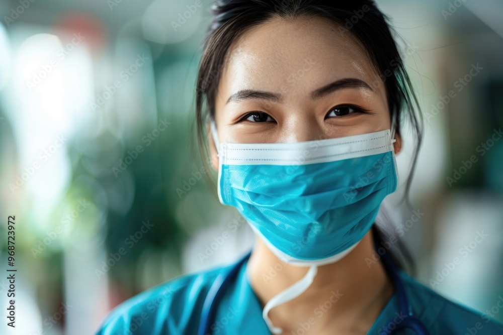 Woman wearing surgical mask and blue scrubs, smiling at camera. Woman wearing surgical mask and blue scrubs, smiling at camera.