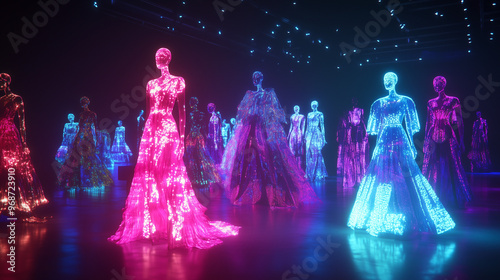 AI-Powered Virtual Fashion Show Featuring Holographic Avatars Showcasing Innovative Designs. Futuristic Runway Display with Digital Models Revolutionizing Fashion Presentation photo